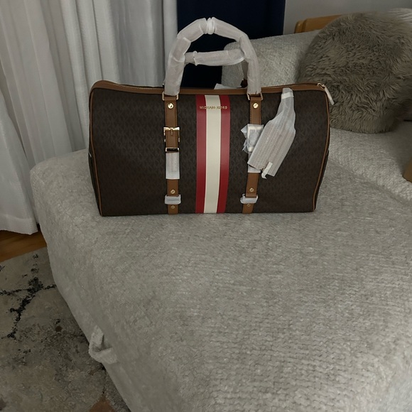 Michael Kors Brown Logo Duffel with Red and White Center Stripe